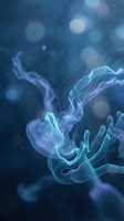 Ethereal jellyfish with glowing tentacles drifting through deep ocean waters, surrounded by bokeh light particles and stars, creating a mystical underwater atmosphere for marine and fantasy designs.