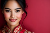 Young Asian woman with natural makeup and gentle smile wearing traditional red and gold patterned dress against burgundy background, beauty portrait with soft lighting.