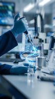 Scientist in gloves conducting laboratory experiment with glowing digital effects in modern research facility for biotechnology and innovation projects.