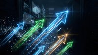 Neon glowing arrows pointing upward with digital particles in dark urban environment, representing growth, success, and financial progress in business and technology sectors.