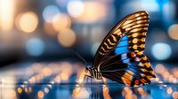Elegant butterfly with striped wings resting on reflective surface against blurred bokeh background of city lights at dusk.