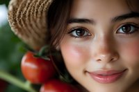 Close up portrait of young Hispanic woman with natural makeup and straw hat smiling near fresh red tomatoes in garden, soft bokeh background.