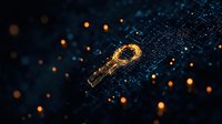 Digital golden key surrounded by glowing particles and bokeh lights on dark blue background, representing cybersecurity and data protection concepts.