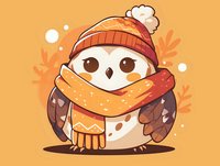 Cute cartoon owl wearing winter knit hat and cozy scarf on orange background with decorative leaves, kawaii style character design for greeting cards and merchandise.