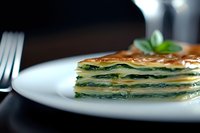 Homemade spinach lasagna slice with fresh basil garnish served on white plate, layered pasta with creamy cheese and green vegetables for Italian cuisine.