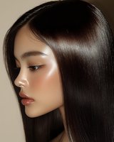 Young Asian woman with glossy straight dark hair and natural glowing makeup in profile view against neutral background, showcasing flawless skin and professional beauty look.
