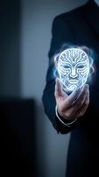 Businessman in dark suit holding glowing neon circuit board face symbol representing artificial intelligence, machine learning, and digital innovation technology for business and tech concepts.