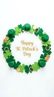 Festive St. Patrick's Day wreath with shamrocks, gold coins and leprechaun hats on white background for holiday greeting cards and decorations.