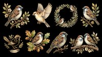 Sparrow bird clipart set with floral wreaths and branches, isolated on transparent background. Great for t-shirt design, stickers, print on demand, sublimation.