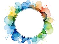 Watercolor circular frame with vibrant rainbow splashes and organic shapes on white background for creative design projects and artistic presentations.