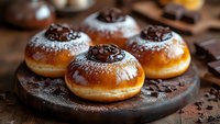 Fresh baked chocolate donuts with powdered sugar dusting and chocolate sprinkles on rustic wooden board, close up view of sweet pastry dessert.