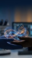 Hand holding glowing neon circuit lines representing digital innovation, technology transfer, and artificial intelligence solutions for business presentations and tech industry marketing.