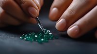 Close-up of hands sorting small emerald green gemstones on dark surface, selective focus shows jewelry making process and precious stone quality control.