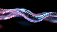 Glowing wave of purple and blue light particles flowing on black background creates magical ethereal effect for abstract design projects.