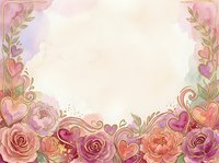 Watercolor floral frame with pink roses, peonies, and decorative hearts on cream background. Ornamental botanical border ideal for wedding invitations, greeting cards, and stationery design.