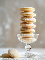 Stack of delicate vanilla macarons dusted with powdered sugar on crystal glass dessert stand against soft blurred background, with one macaron placed beside.