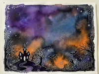 Spooky Halloween watercolor scene with haunted house, bats, ghosts, pumpkins, and bare trees under a purple and orange night sky.