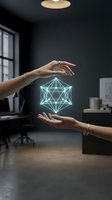 Hands holding glowing geometric wireframe structure in modern dark office space, representing innovation, technology, data science, and digital transformation concepts.