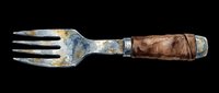 Vintage garden fork with weathered metal tines and rustic wooden handle, isolated on transparent background. Ready for design use on t-shirts, clipart, stickers, and print-on-demand products.