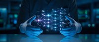 Hands protecting glowing digital network connections with data visualization in modern technology environment for business innovation concepts.