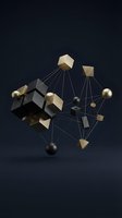 Abstract network structure with interconnected geometric shapes in gold and black metallic spheres and cubes connected by lines on dark background for technology and business concepts.