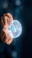 Protective hands surrounding glowing digital brain hologram with neural networks on dark blue bokeh background for mental health and cognitive protection concepts.