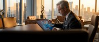 Senior businessman of European descent in formal business attire examining digital globe hologram on laptop in modern high-rise office with city skyline view for corporate technology and innovation concepts.