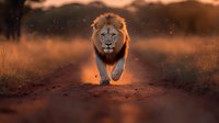 Majestic male lion walking on dusty savanna path during golden hour sunset with dramatic lighting and atmospheric dust particles in African wilderness.