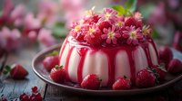 Creamy panna cotta dessert topped with fresh strawberries and pink edible flowers on dark plate, selective focus with soft natural lighting and blurred background.