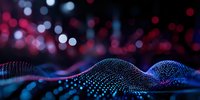 Abstract digital wave made of glowing particles with bokeh lights background for technology and data visualization concepts.