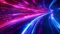 Dynamic digital tunnel with streaming light trails in vibrant neon pink and blue colors creating a high-speed motion effect perfect for technology and future concepts backgrounds.