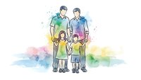 Watercolor family portrait with two fathers and children in colorful artistic style. Modern diverse parenting concept for social campaigns and inclusivity.