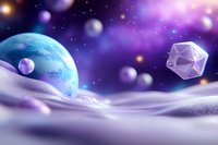Cosmic fantasy landscape with Earth-like planet and geometric crystal floating in purple space with glowing particles and lunar surface.