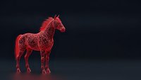 Red wireframe horse model on dark background with glowing edges and geometric mesh structure for technology and digital art projects.