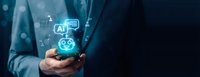 Businessman holding smartphone with AI chatbot icons and digital interface elements floating above device for artificial intelligence communication technology.