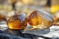Amber stones with natural inclusions on rough stone surface in sunlight, displaying warm honey-colored translucent glow and organic patterns within fossilized resin.