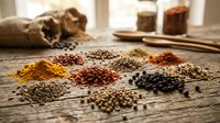 Colorful spices and seeds arranged on rustic wooden table with burlap sack and glass jars in warm kitchen setting for culinary cooking and seasoning.