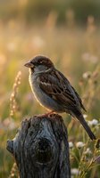 Sparrow perched on weathered wooden post in meadow with wildflowers and soft golden light, suitable for nature and wildlife editorial use.