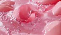 Pink rose petals floating in water with delicate bubbles creating dreamy, romantic atmosphere. Macro photography captures translucent droplets and soft floral textures.