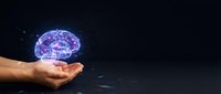 Human hands presenting glowing digital brain hologram with neural networks on dark background for artificial intelligence and technology concepts.