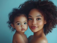 Young African American mother with curly hair holding her toddler son against a blue background. Both have warm skin tones and natural curly hair. Studio portrait capturing maternal bond and family love.