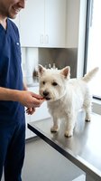 Male veterinarian in blue scrubs examining white terrier dog on examination table in modern clinic setting with stainless steel counters and cabinets.