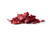 Dried red beetroot chips scattered on white background, healthy vegetable snack isolated with soft shadow, ready for design use in food packaging.