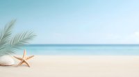 Tranquil beach scene with starfish, seashell and palm leaf on clean sand against blurred turquoise ocean and sky background, summer vacation concept.