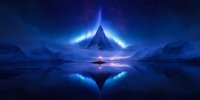 Mystical mountain peak with northern lights reflecting in calm lake water at night, lone figure standing with red lantern creates dramatic contrast against blue aurora.