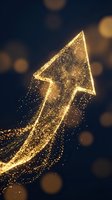 Golden glowing upward arrow made of particles and sparkles on dark background with bokeh lights, representing growth, success, progress and financial increase.
