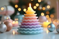 Colorful gradient Christmas tree candle with warm flame surrounded by ornaments and bokeh lights creating festive holiday atmosphere for seasonal decor.