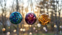 Three colorful stained glass hanging ornaments with intricate geometric patterns suspended by chains against blurred winter trees at golden hour sunset.