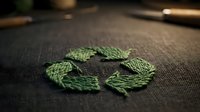 Green recycling symbol embroidered on dark fabric representing sustainability and environmental responsibility in textile manufacturing and eco-friendly business practices.