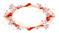 Elegant oval frame with cherry blossoms, red ribbon and gold accents on white background for spring wedding invitations and romantic design projects.